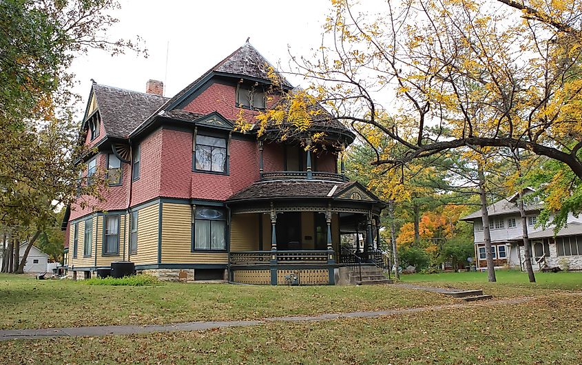 Coffeyville, Kansas, a large and colorful Victorian-era mansion in the fall.