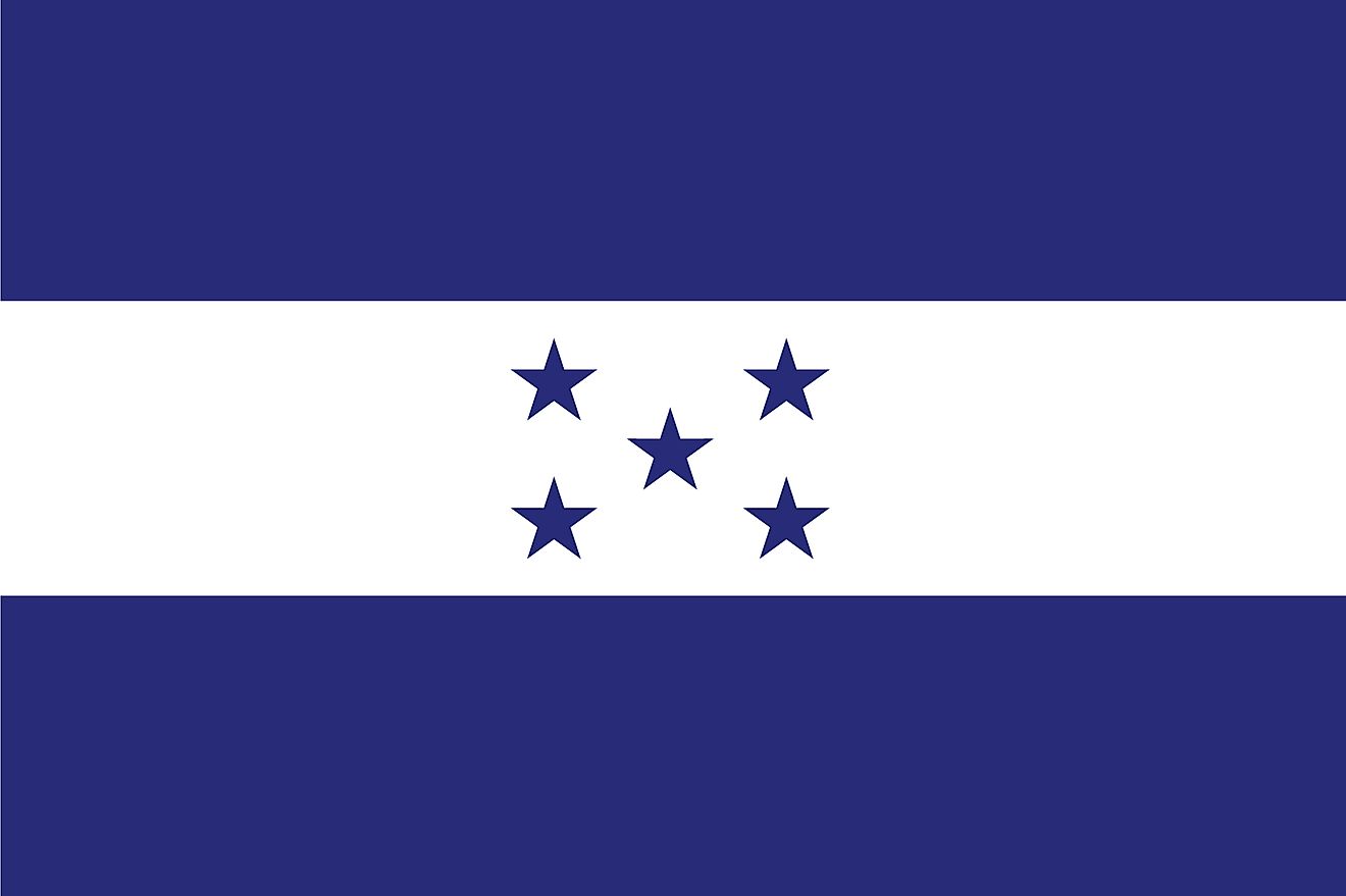 The national flag of Honduras is a tricolor horizontal flag of white sandwiched between two blue bands with five stars centered on white