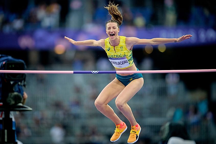 Austrailian Nicola Olyslagers at the High Jump final in Paris 2024.
