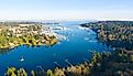 Panoramic view of Winslow Harbor on Bainbridge Island, Washington, on a beautiful sunny day.