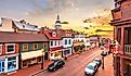 Annapolis, Maryland, USA, historic downtown view over Main Street with the country's oldest State House at dawn.