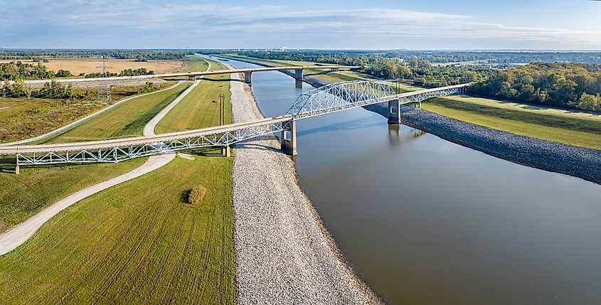 Bridges over the Chain of Rock Canal of Mississippi River above St Louis, aerial view.