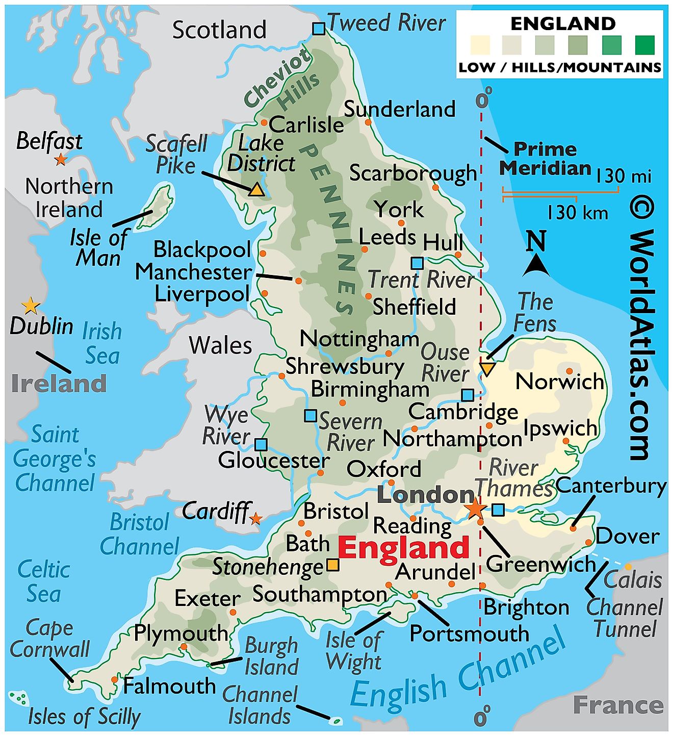 Physical Map of England. It shows the physical features of England, including mountain ranges, important rivers, and major lakes.